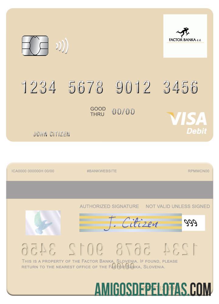 Cartão de débito Visa do Banco Factor da Eslovênia amostra